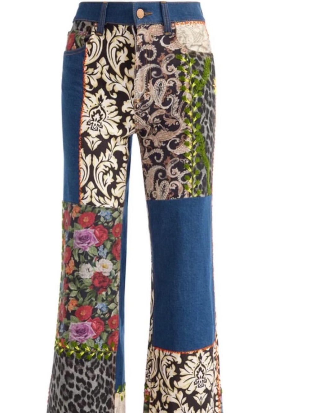 Alice + Olivia Multicolor Patchwork Flare Jeans - Blue, Black, Floral - Picture 5 of 13